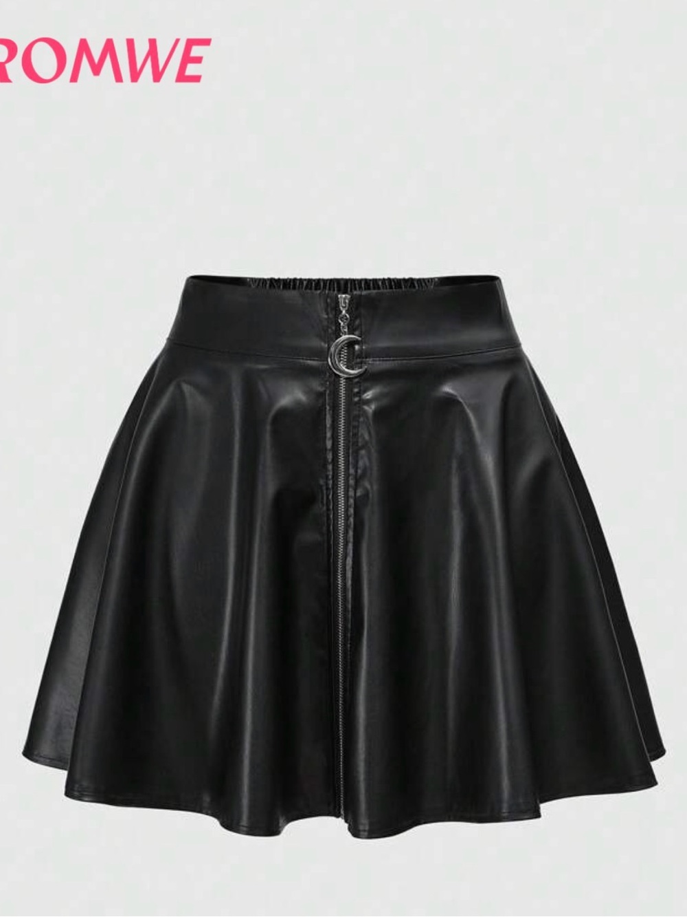 ROMWE Black Faux Leather Skater Skirt Zip Front Moon Ring Pull | Size M